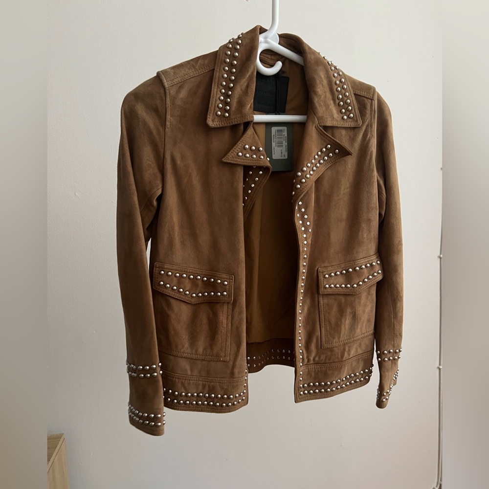 All Saints Brown Studded Suede Leather Jacket Size XS Like-New Condition